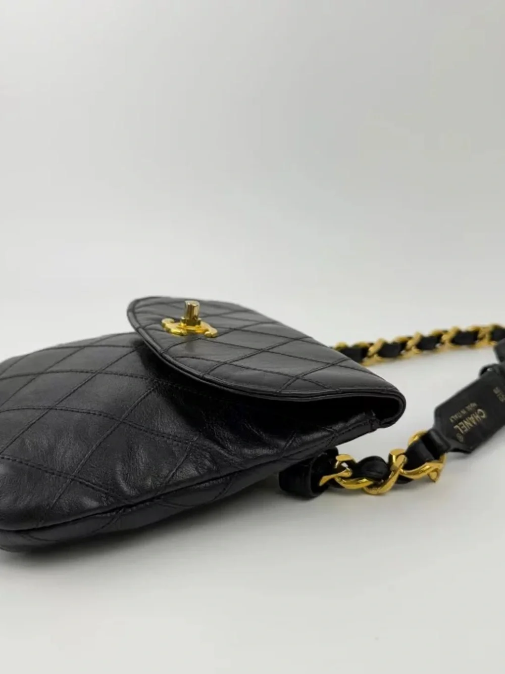 Authentic CHANEL vintage black wild stitch Lambskin bun bag belt 70cm